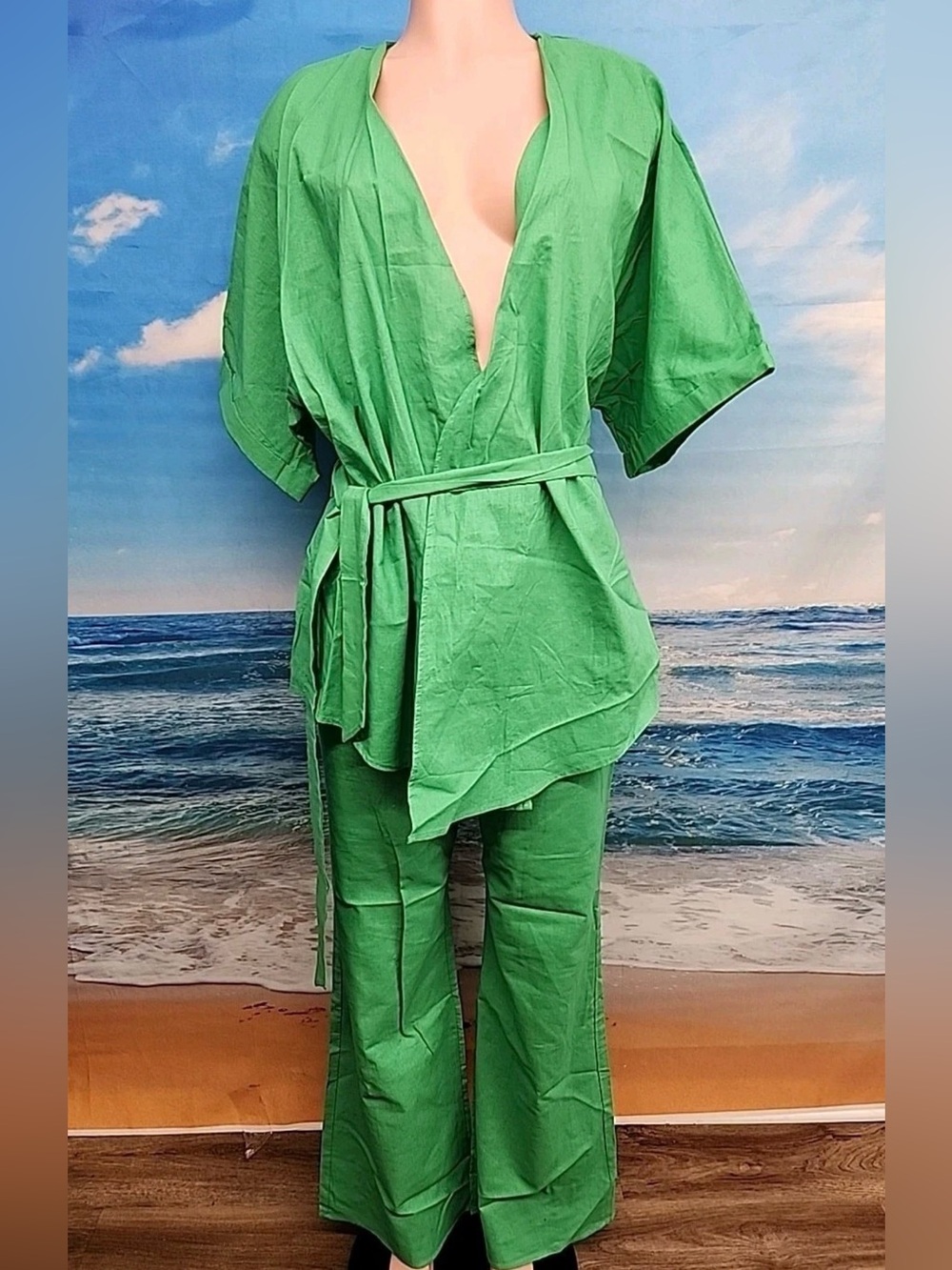Commense Green Wrap Top and Flare Pants Set
